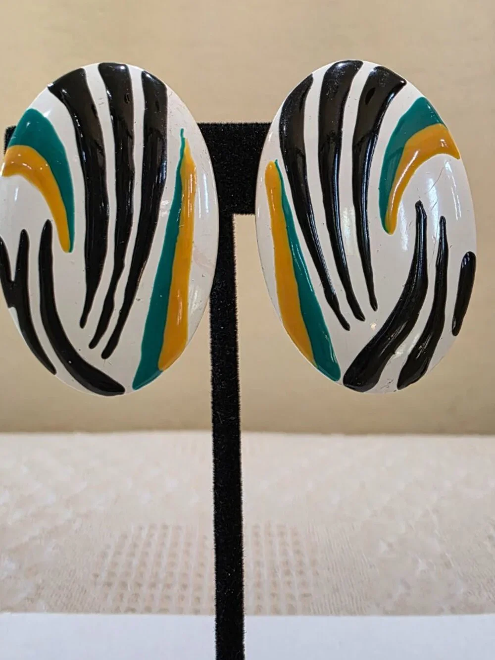 Vintage Boho Chic Tribal Metal Oval White Black Green and Yellow Stripe Earrings